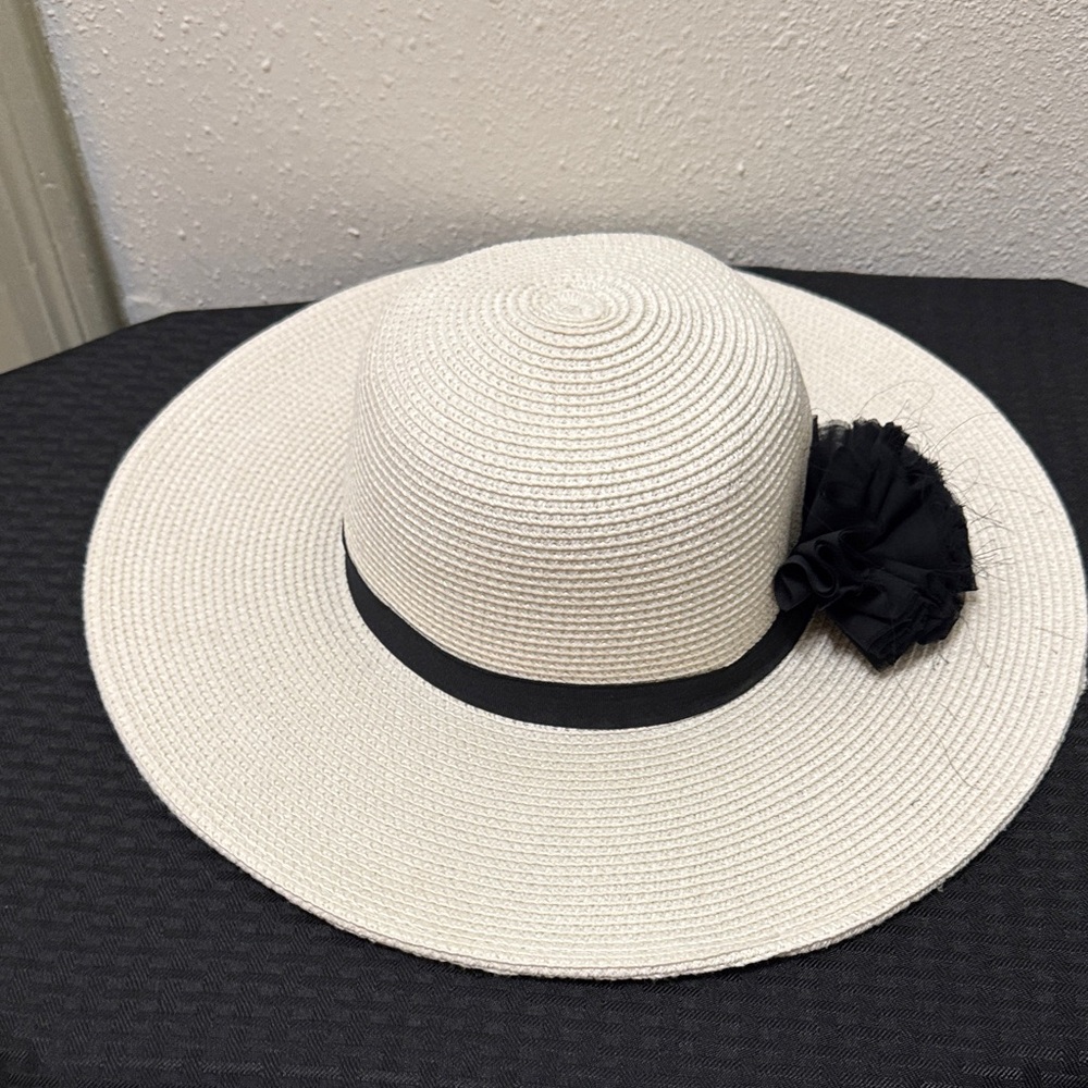 Wide Brim Straw Sun Hat with Black Band - Women
